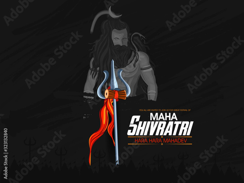 Illustration of lord Shiva with brush background. Trident with damru of lord shiv with maha shivratri text and hara hara mahadev text which is another name of Lord Shiva. Happy Maha Shivratri.
