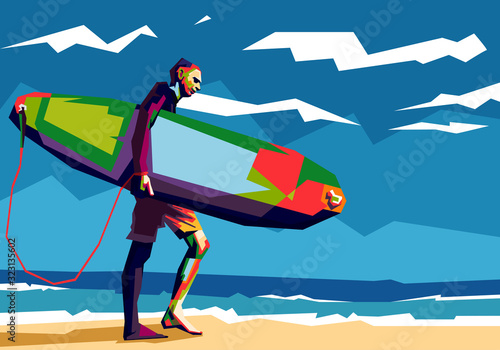 Man surfer carrying his surfboard pop art illustration. Hipster male in wetsuit at beach with surfboard