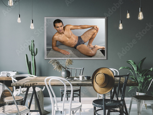 7858652 Cozy interior with empty poster frame. Frame mockup in interior.