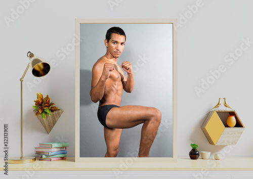 Poster mockup with vertical with plants in pots and lamp,wall shelf on empty white wall background. 3D rendering