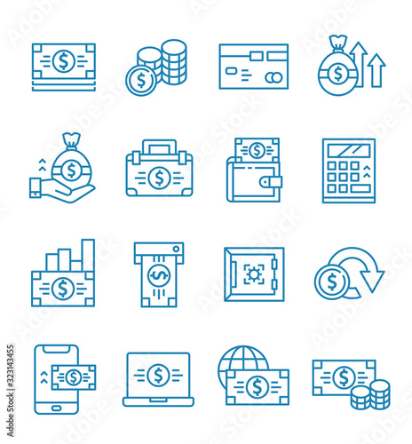 Set of money icons with outline style.