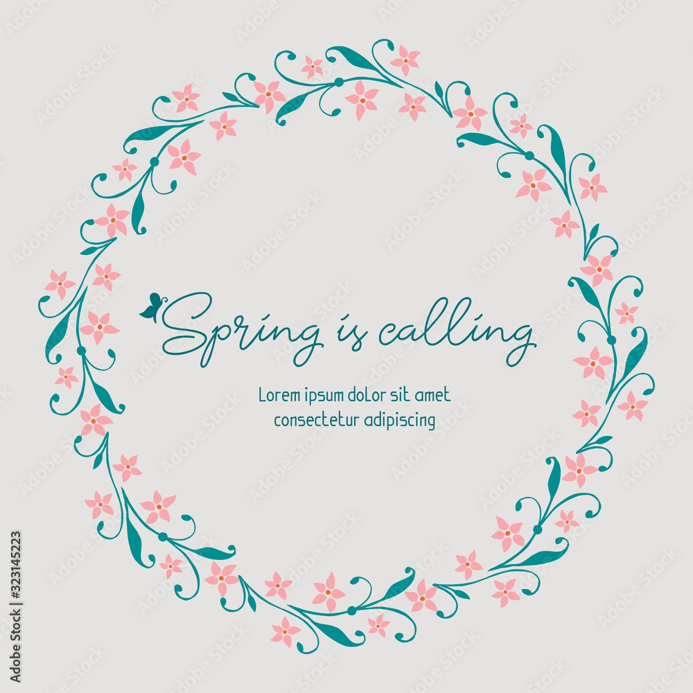 Decoration of spring calling greeting card, with unique leaf and floral frame design. Vector