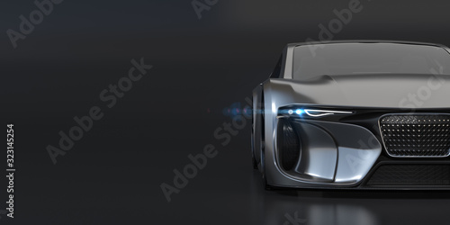 Metallic black electric powered sports coupe on black background with copy space. 3D rendering image. 