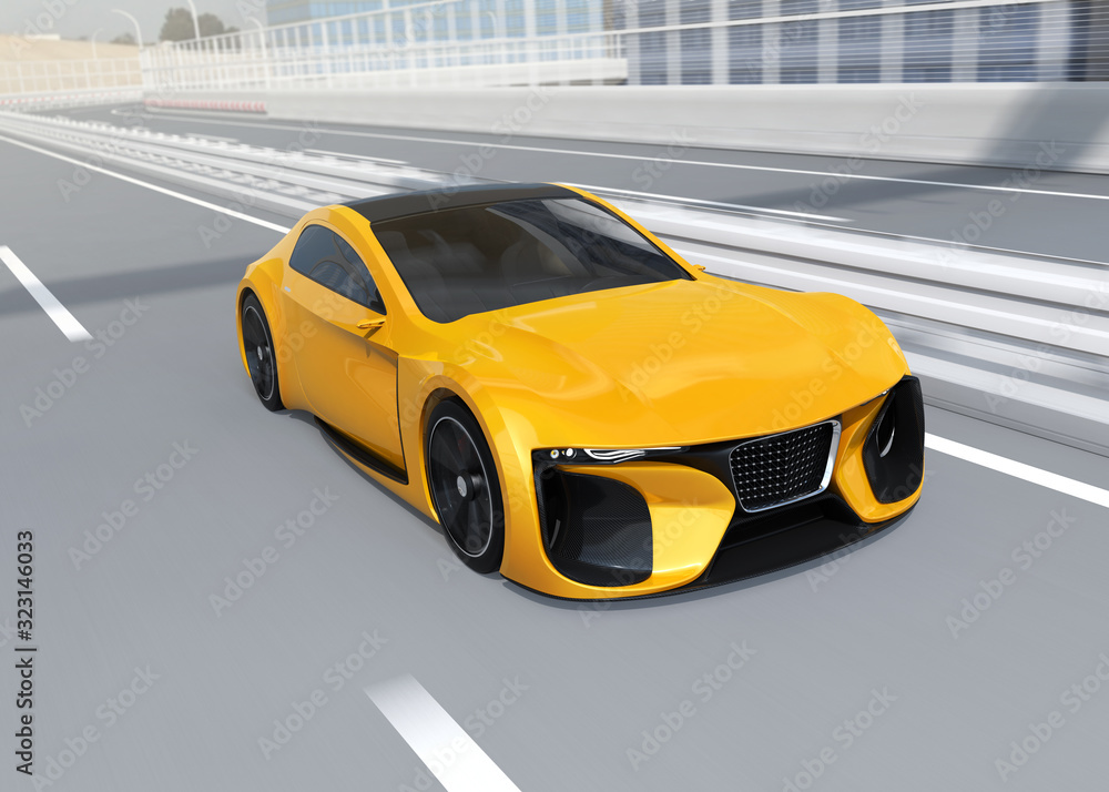 Electric powered sports coupe driving on the highway.  3D rendering image. 