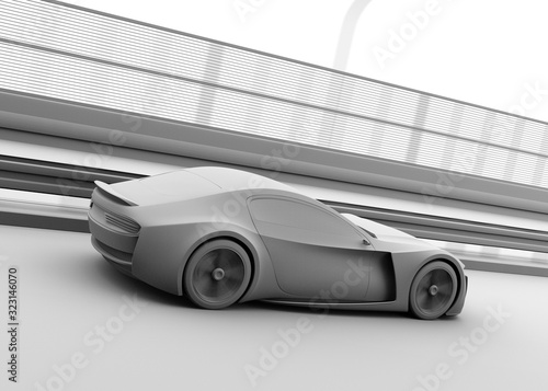Clay rendering of electric powered sports coupe driving on the highway. 3D rendering image. 