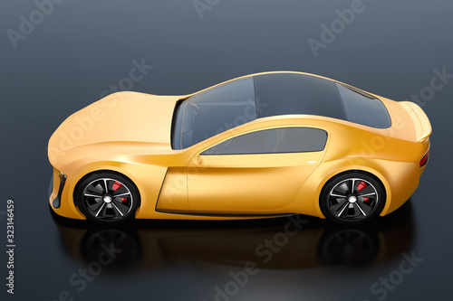 Side view of yellow paint electric powered sports coupe on black background. 3D rendering image. Original design.