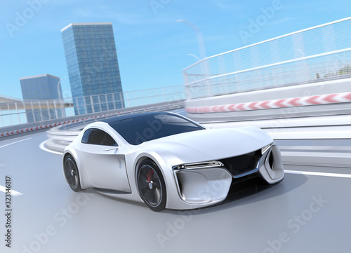 Electric powered sports coupe driving on the highway. 3D rendering image. 