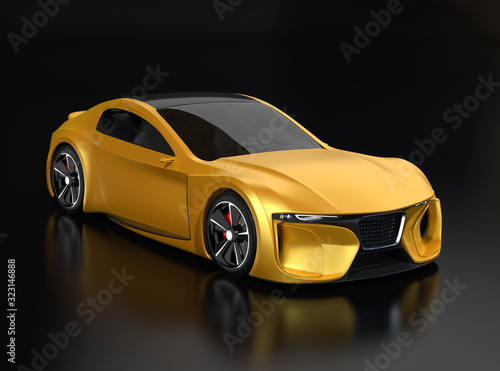 Yellow paint electric powered sports coupe on black background. 3D rendering image. 