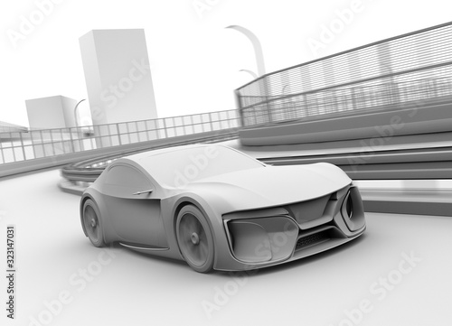 Clay rendering of electric powered sports coupe driving on the highway. 3D rendering image. 