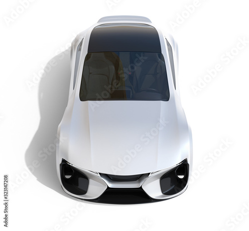 Front view of silver color electric powered sports coupe isolated on white background. 3D rendering image.