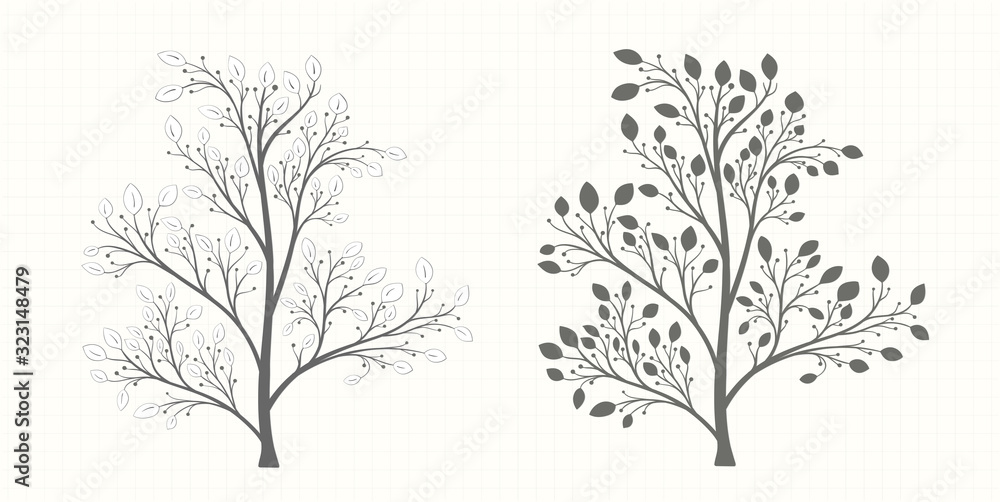 Obraz premium Tree with leaves and berries in a gray tone in vintage style in two versions on a notebook sheet