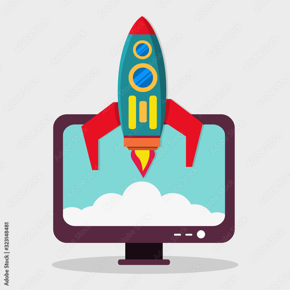 a rocket launching from a pc monitor for business startup concept vector illustration a rocket launching from a pc monitor for business startup concept vector illustration