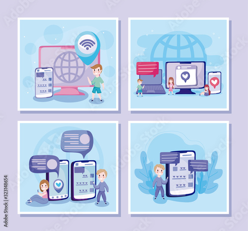 Boys and girls cartoons with smartphones computers and laptop vector design