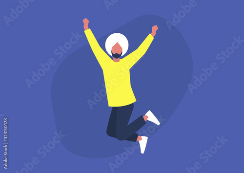Young excited indian male character jumping and expressing positive emotions, having fun, good vibe