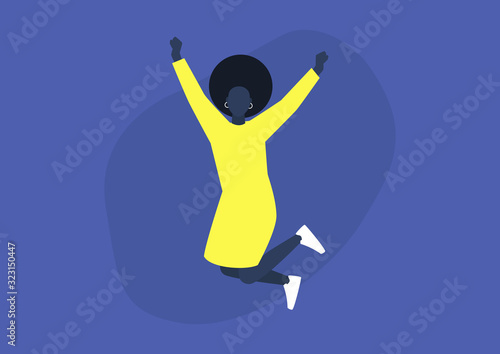 Young excited black female character jumping and expressing positive emotions, having fun, good vibe