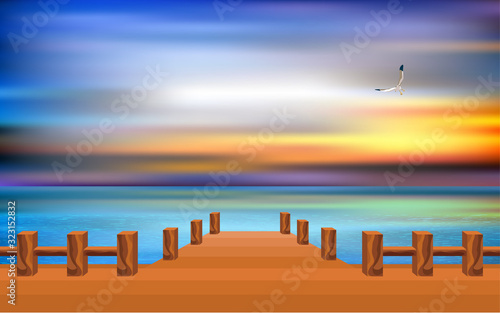 landscape of wooden walkway at the beach in sunset	
