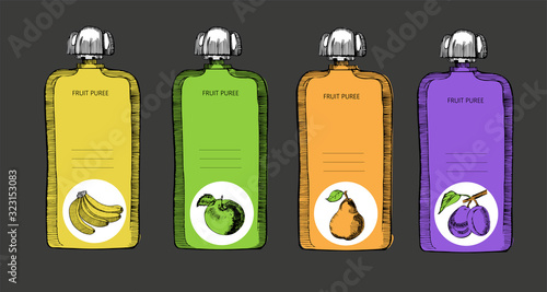Blank flexible pouch with top cap. Baby puree with plum,pear,apple and banana. Food or drink bag packaging. Sketch hand drawn illustration, on the grey background. Product Packing.