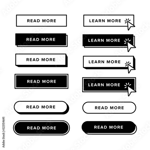 Set of learn more buttons with different shapes and icons with black outline frames. Pointer clicking icon. Premium vector