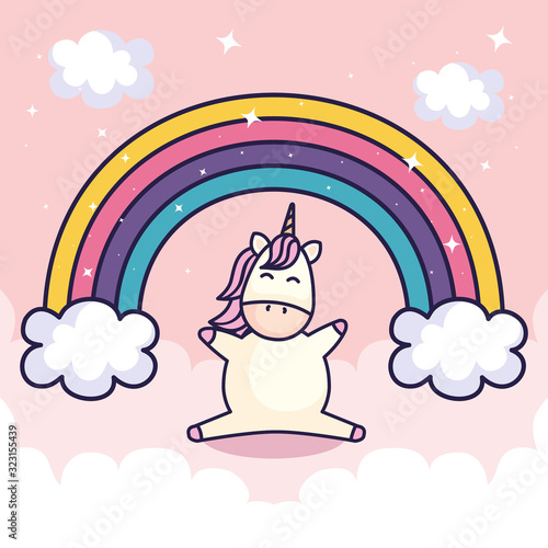 cute unicorn and rainbow with clouds vector illustration design