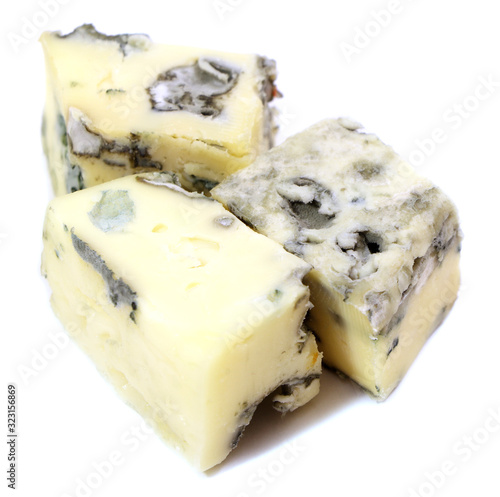Moldy cheese, blue cheese isolated on a white background. Grandblue cheese.