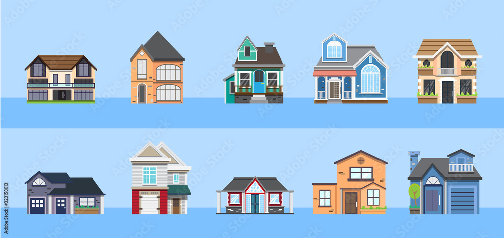 Apartment houses set. Residential buildings design elements collection. Isolated flat vector illustration