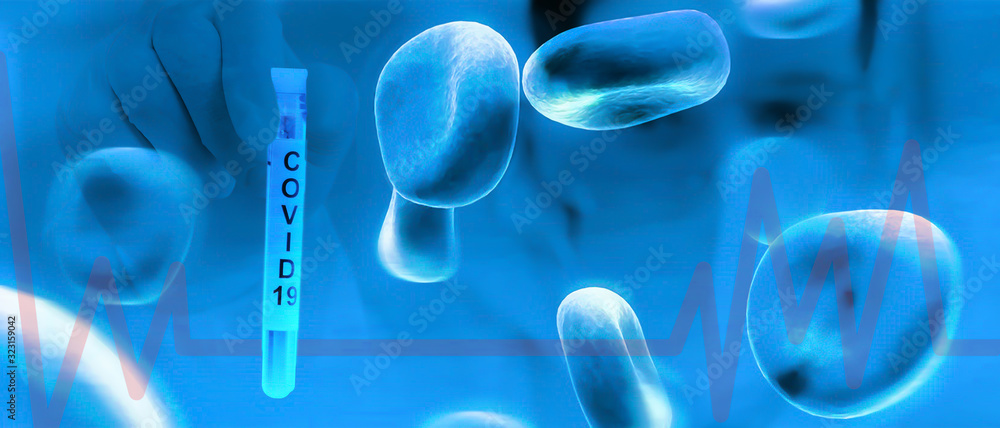 multiexposure background of coronavirus covid-19 infected blood sample in sample tube in hand and background of blood cell and pulse signal multiexposure background of coronavirus covid-19 infected blood sample in sample tube in hand and background of blood cell and pulse signal