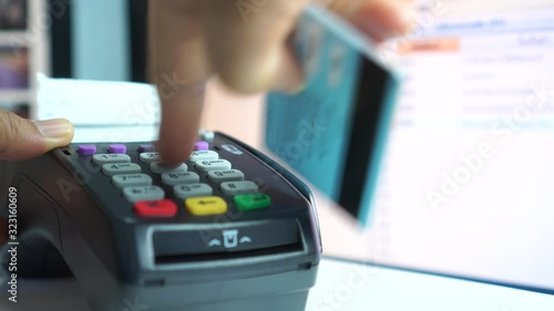 Mockup Credit card payment for purchase sell products service, business people hand pushing button or swipe to buy shopping through electronic transaction machine, Payments by credit card in terminal