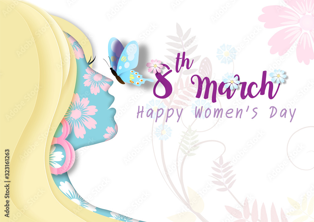 Closeup and crop face of women with pink flowers pattern and butterfly, wording of Women's day event on flowers pattern and white background. Women's day greeting card in paper cut and vector design.