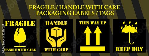 Fragile or Package Label stickers set. (Fragile, Handle with Care, This Way Up, Keep Dry). Yellow and black in color. Square format