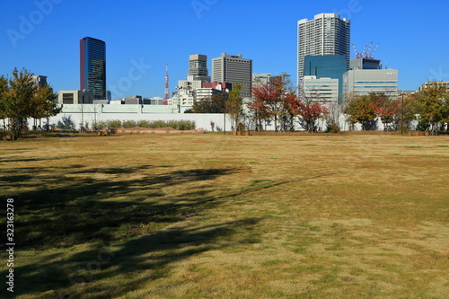 芝浦の中央公園とオフィスビル群