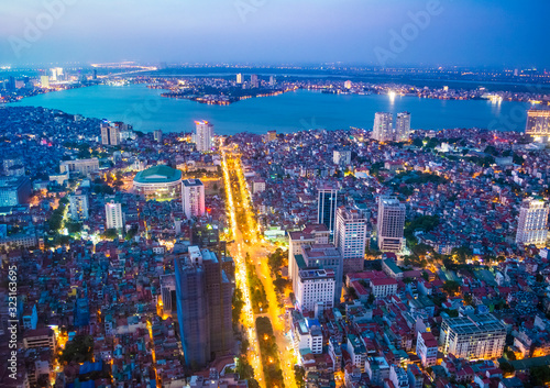 Hanoi  Vietnam - 22th June 2019  Hanoi cityscape at blue hour from Lotte Observation Deck in Lotte Center  Hanoi. West Lake is visible in the background.