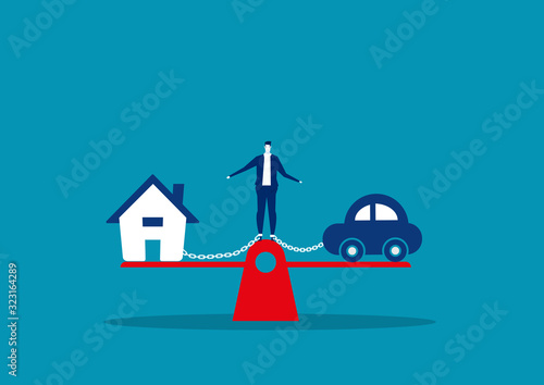 Businessman debt House and Car  on scale loan Concept