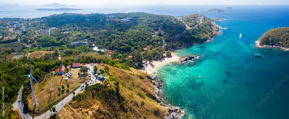 Aerial panorama of Phuket island with Ya Nui beach, sunset viewpoint and Promthep cape visible in the frame, Thailand