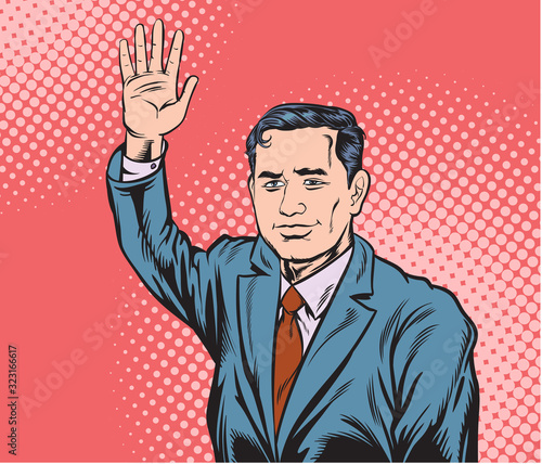 Business people raise their hands as a greeting. Pop art retro vector illustration vintage kitsch drawing