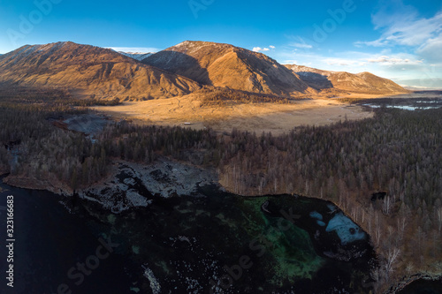 Top view of lava lakes in the valley of the Zhombolok river photo