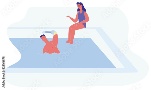 Cartoon Man with Prosthetic Hand Swimm Vector Illustration. Woman Sit Swimming Pool. Rehabilitation Treatment, Aquatic Rehab. Physically Disabled, Handicapped Person Sport Training