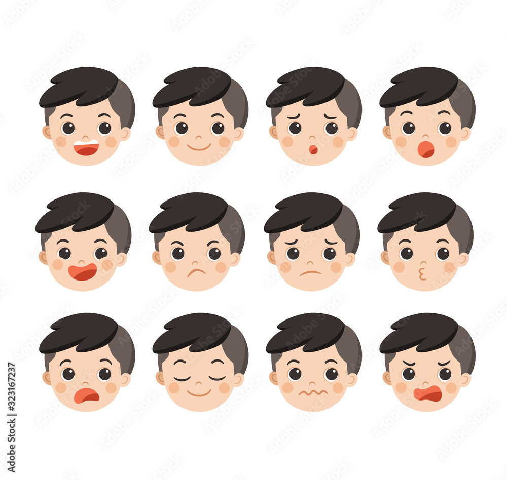 Set of Adorable Boy facial emotions. Boy face with different expressions. Schoolboy portrait avatars. Variety of emotions teen guy. Set of Adorable Boy facial emotions. Boy face with different expressions. Schoolboy portrait avatars. Variety of emotions teen guy.