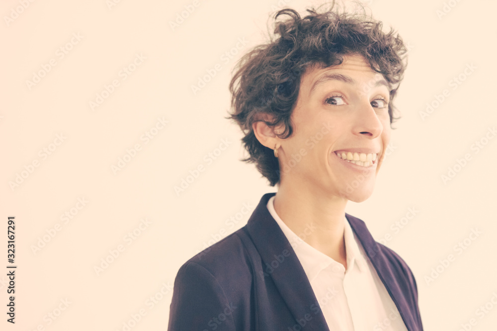 Happy businesswoman looking at camera. Portrait of cheerful middle aged woman in formal wear smiling at camera isolated on white background. Emotion concept Happy businesswoman looking at camera. Portrait of cheerful middle aged woman in formal wear smiling at camera isolated on white background. Emotion concept