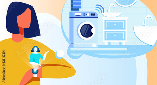 Flat Faceless Cartoon Woman Remotely Regulating Washer Work via Wrist Smart Watch. Wireless NFC Technologies and Wi-Fi Connection. Application for Contactless Control. Vector Illustration
