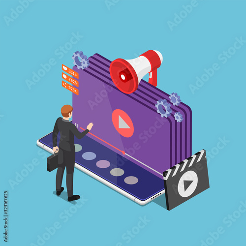 Isometric businessman play online video streaming on smartphone