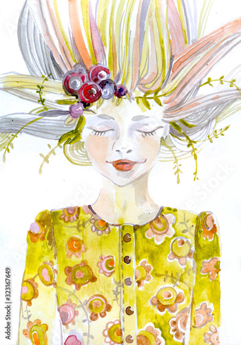 Watercolor portrait of a girl with flowers in long hair