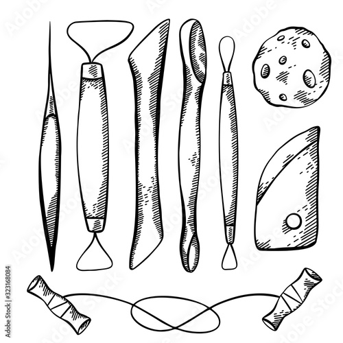 Set of sketch of tools for pottery and sculpting with hatching. Hobbies and workshop. Cutter, wire, sponge. Vector engraving element for greeting cards, labels and your creativity.