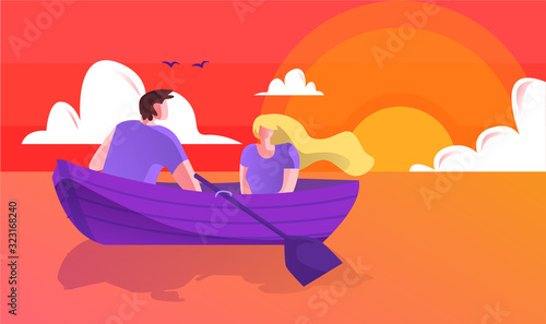 Vector Illustration Romantic Boat Trip  Cartoon. Young Happy Man and Woman Travel in Boat on River or Sea Morning at Dawn. Beautiful Romance Between Spouses. Water and Sky are Red.