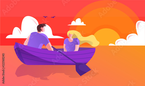 Vector Illustration Romantic Boat Trip, Cartoon. Young Happy Man and Woman Travel in Boat on River or Sea Morning at Dawn. Beautiful Romance Between Spouses. Water and Sky are Red.