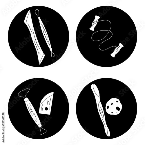 Set of black circle with silhouette tools for pottery. Hobbies and workshop. Cutter, wire, sponge. The object is separate from the background. Vector element for icon, logo and infographic