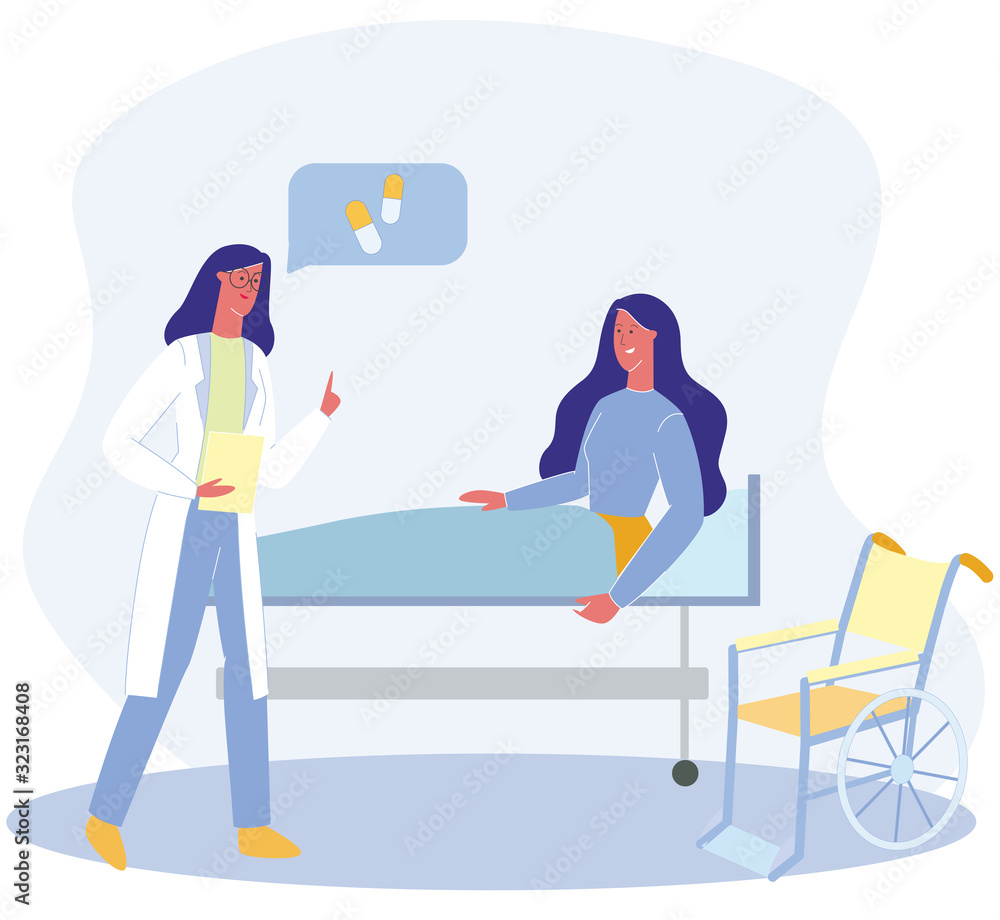 Doctor Therapist Talk to Woman Lie in Bed Vector illustration. Wheelchair Need Disabled Patient. Medication Recommendation, Pharmacology Drug Treatment. Handicapped Person Rehabilitation Support