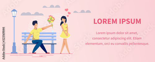 Advertising Text Banner. Cartoon Man and Woman Characters on First Date in Park. Guy Gives Pretty Girl Flower Bouquet. People Fell in Love. Invitation and Motivation Information. Vector Illustration
