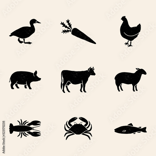 Set of 9 meal choice option icons with vintage texture. The set includes chicken, beef, pork, lamb, vegetarian, fish, lobster, and crab.