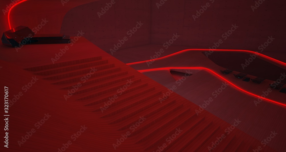 Abstract architectural concrete, wood and glass interior of a minimalist house with colored neon lighting. 3D illustration and rendering. Abstract architectural concrete, wood and glass interior of a minimalist house with colored neon lighting. 3D illustration and rendering.