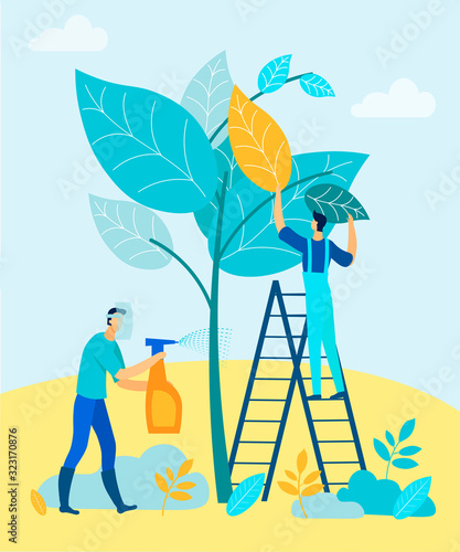 Men Cultivate Garden Trees with Chemicals. Fight Pests. Vector Illustration. People on Farm. New Technologies. Working Together in Garden. Family Business. Take Care Plants. Handle Garden from Pests.